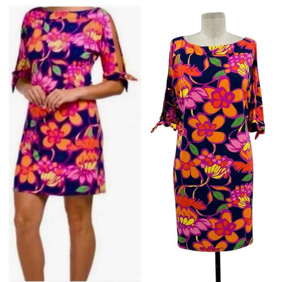 Trina Turk Vinet‎ Floral Jersey Split Sleeve Mini Dress Navy Blue Size Medium - Picture 1 of 10